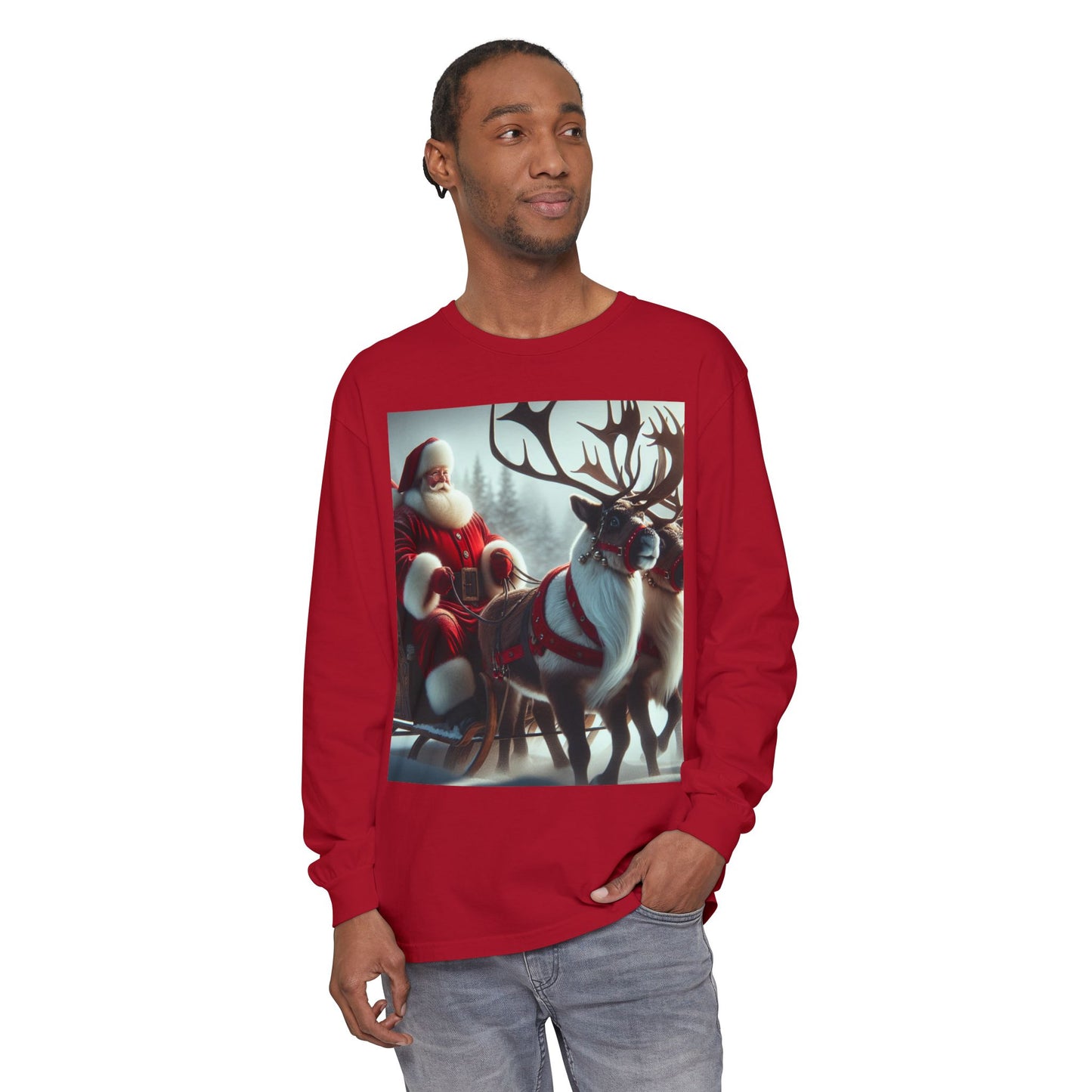 Unisex Garment-dyed Long Sleeve T-Shirt (Santa/Reindeer)