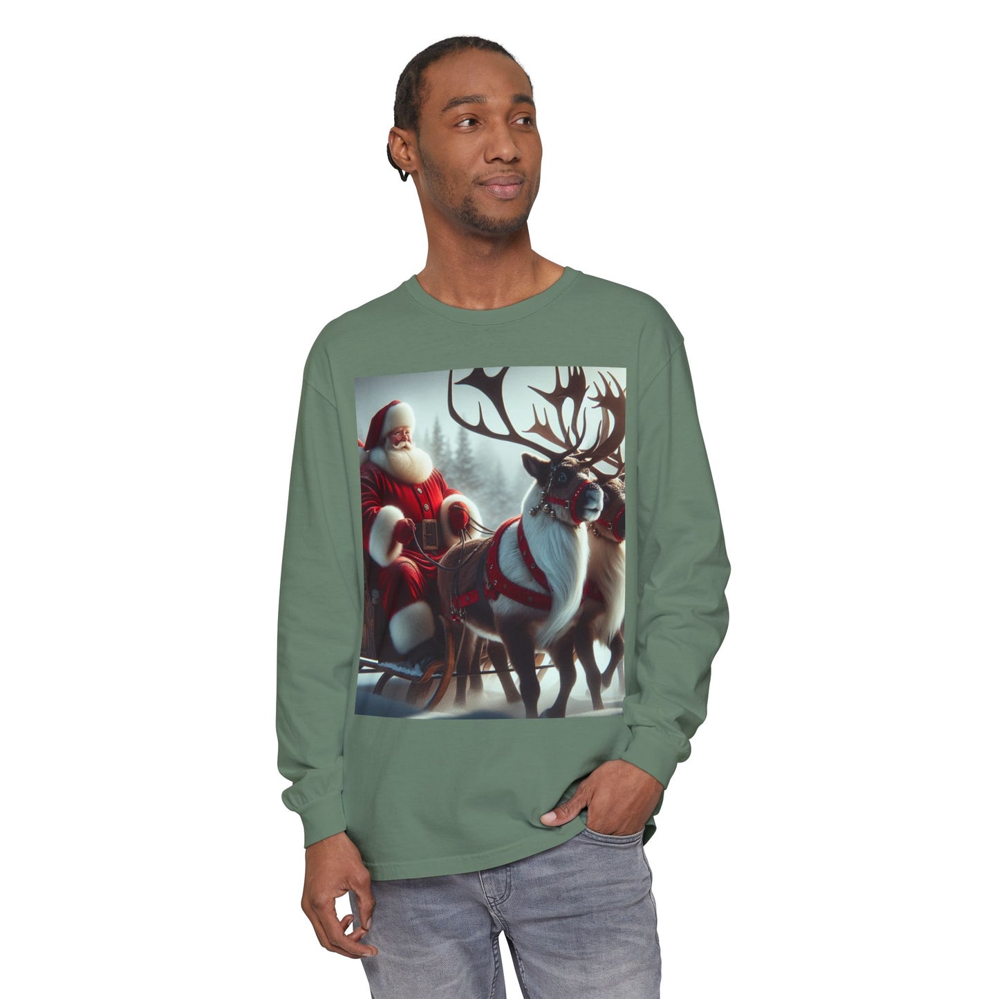 Unisex Garment-dyed Long Sleeve T-Shirt (Santa/Reindeer)