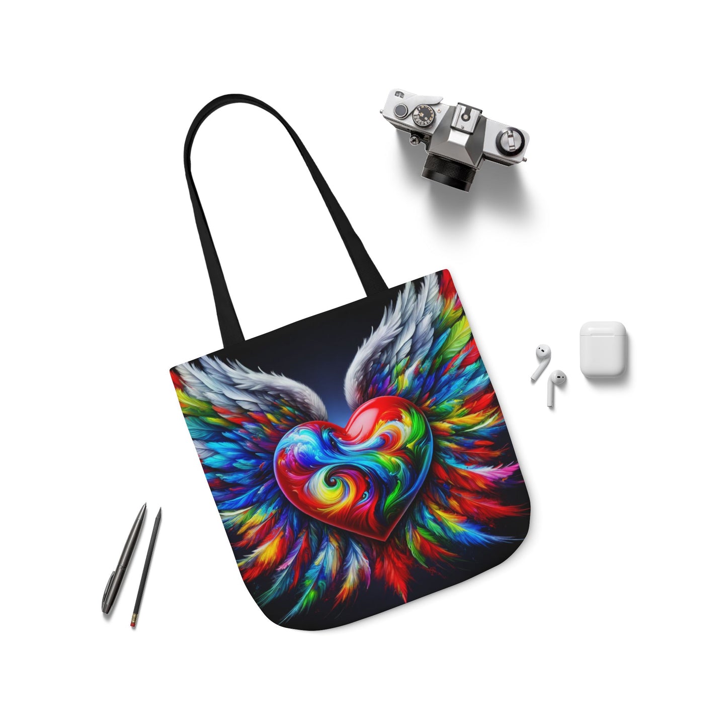 Colorful Heart Wings Canvas Tote Bag - Vibrant 5-Color Straps