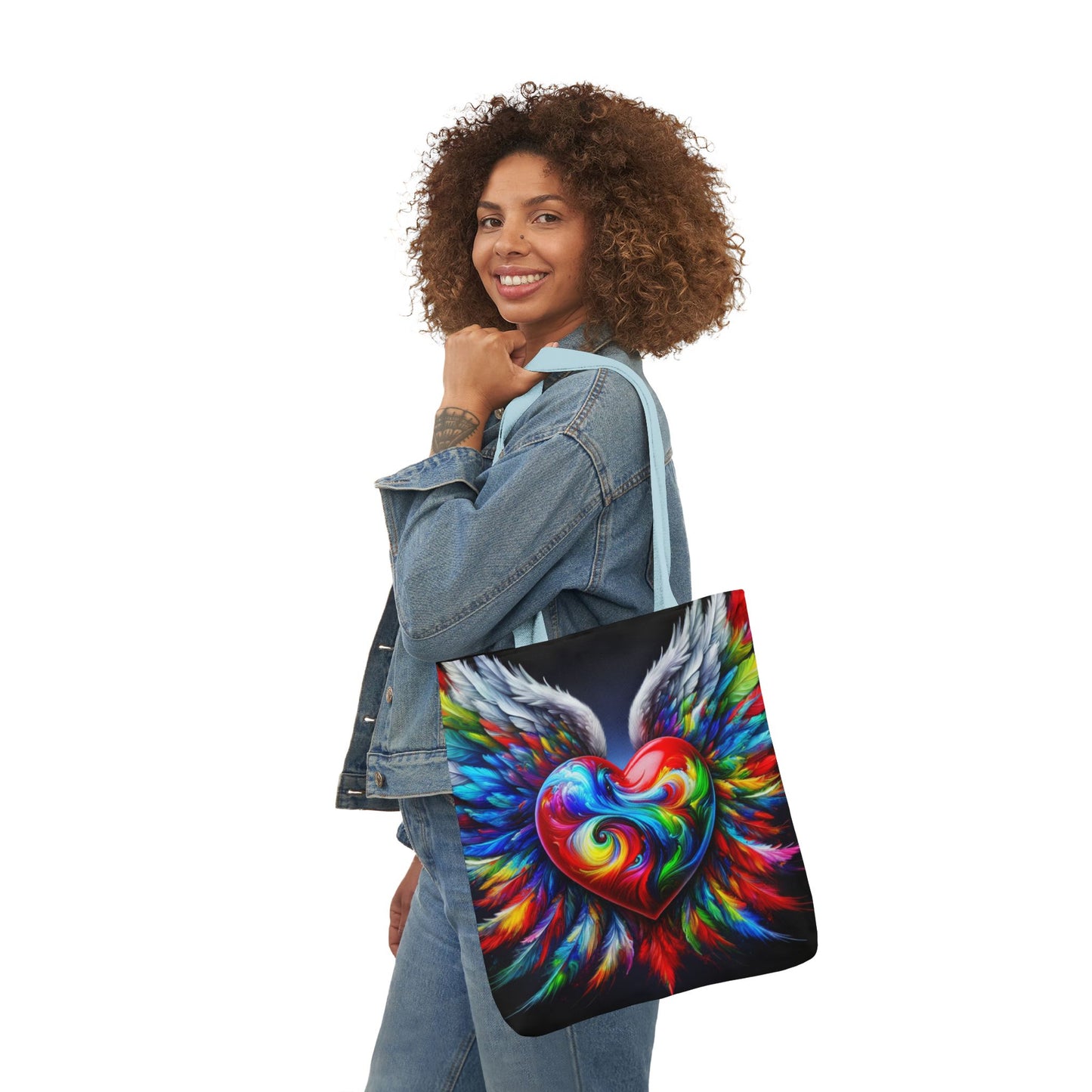 Colorful Heart Wings Canvas Tote Bag - Vibrant 5-Color Straps