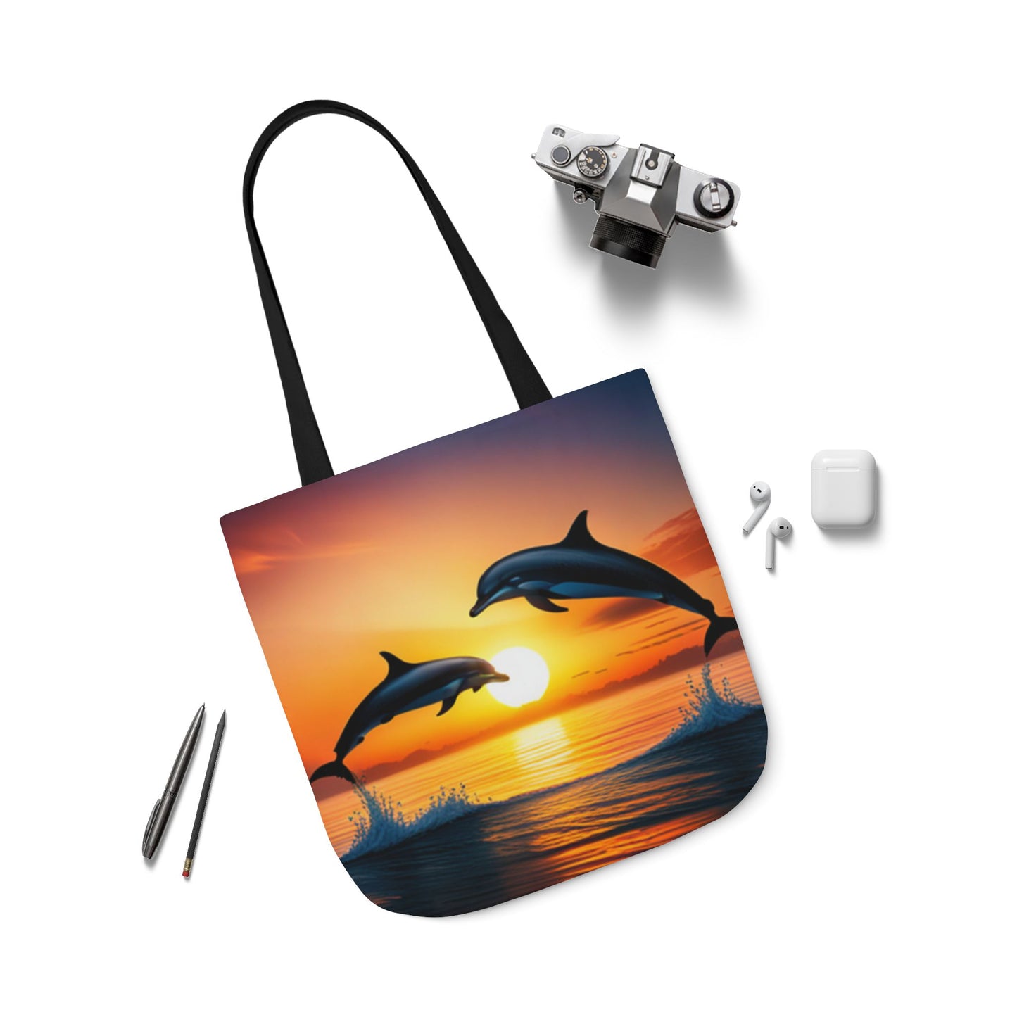 Canvas Tote Bag, 5-Color Straps (Dolphins sunset)