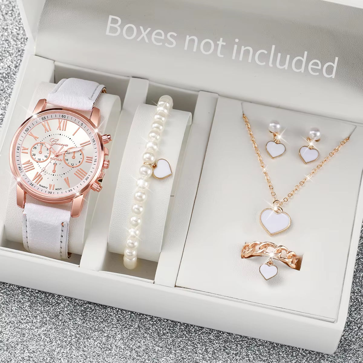Chic Heart Rhinestone Watch & Jewelry Set – 5/6 Piece