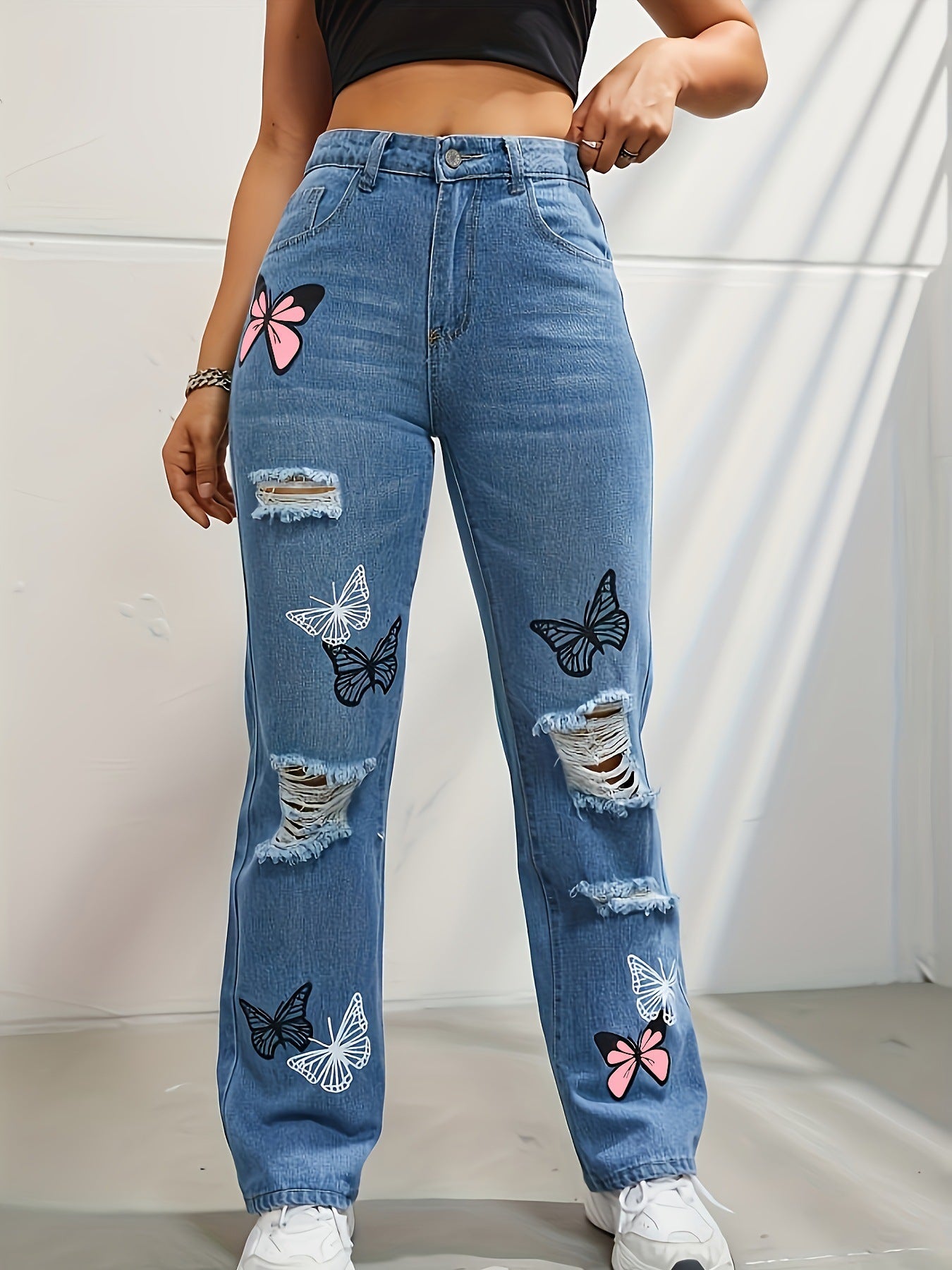 Butterfly Dream High-Waisted Distressed Jeans