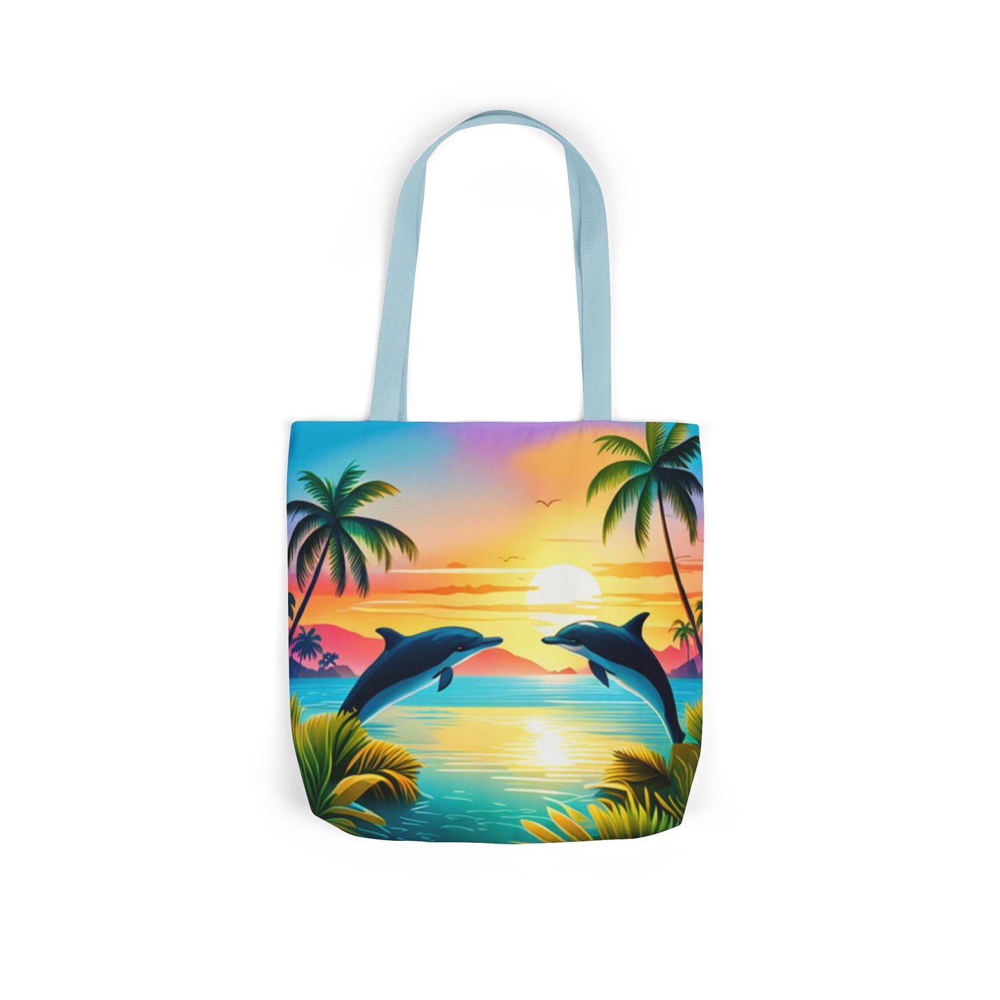 Canvas Tote Bag, 5-Color Straps (Dolphin/Palm Tree)