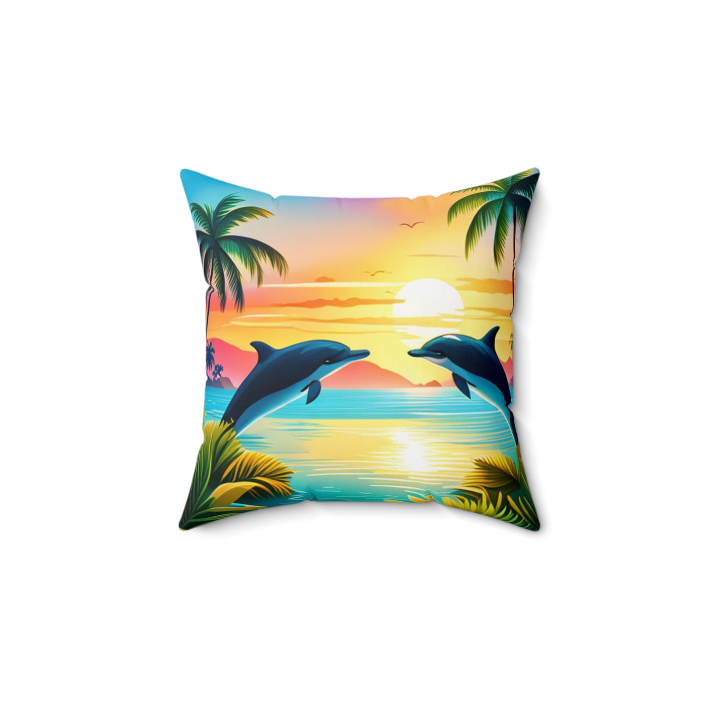 Spun Polyester Square Pillow (Dolphin Palm Tree)