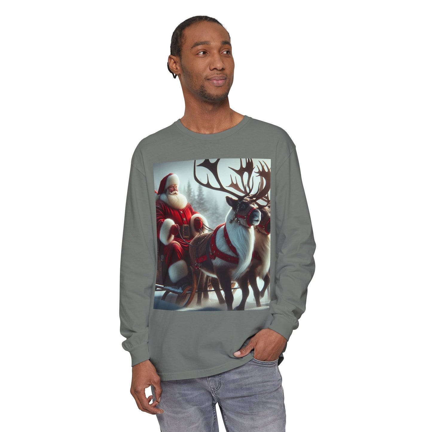 Unisex Garment-dyed Long Sleeve T-Shirt (Santa/Reindeer)