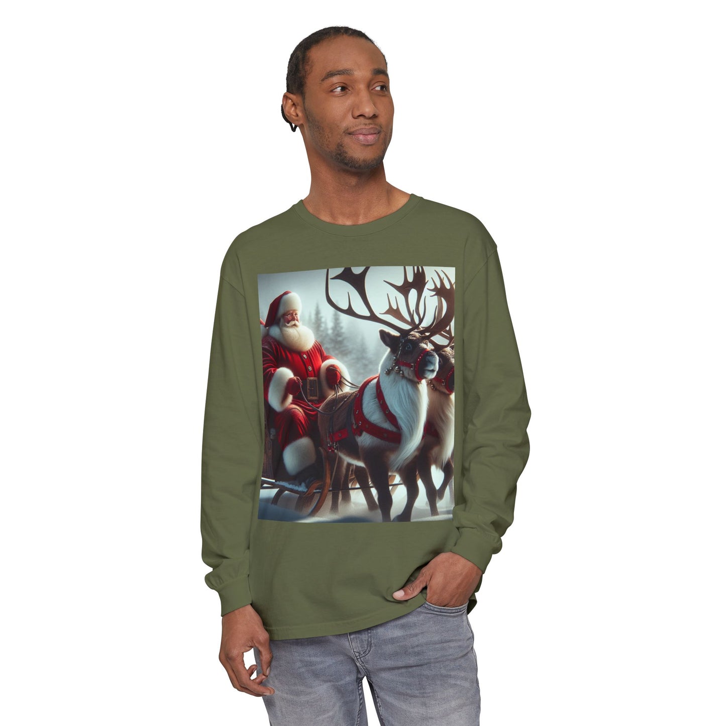 Unisex Garment-dyed Long Sleeve T-Shirt (Santa/Reindeer)
