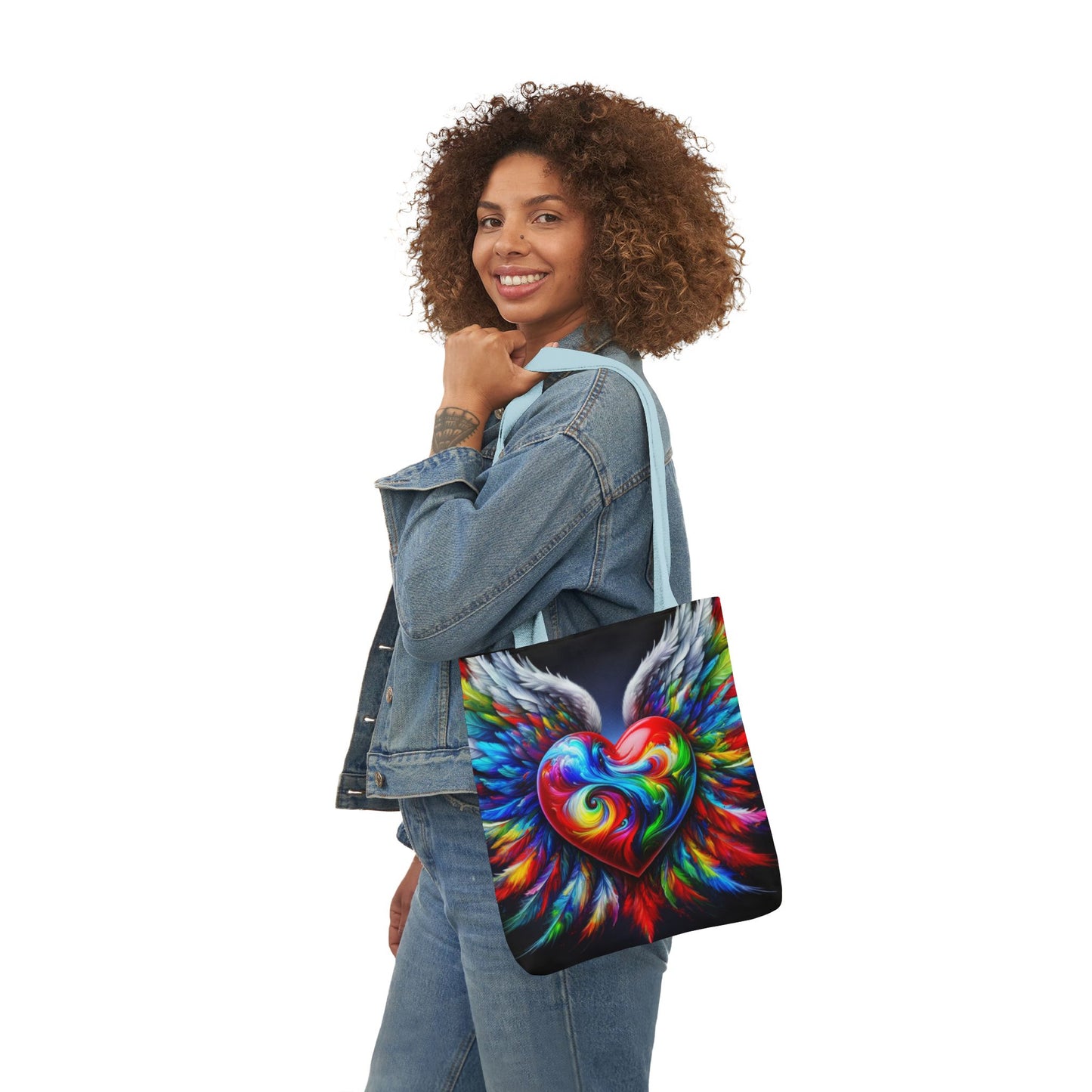Colorful Heart Wings Canvas Tote Bag - Vibrant 5-Color Straps
