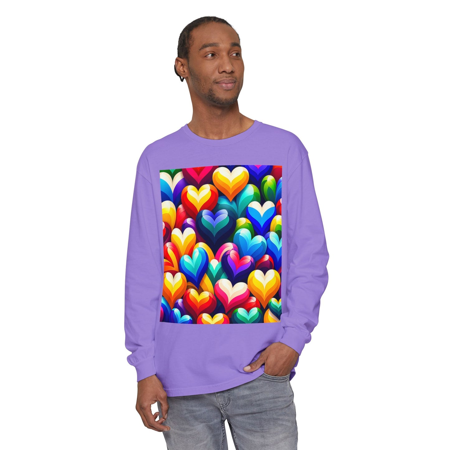Unisex Garment-dyed Long Sleeve T-Shirt (Colorful Hearts)