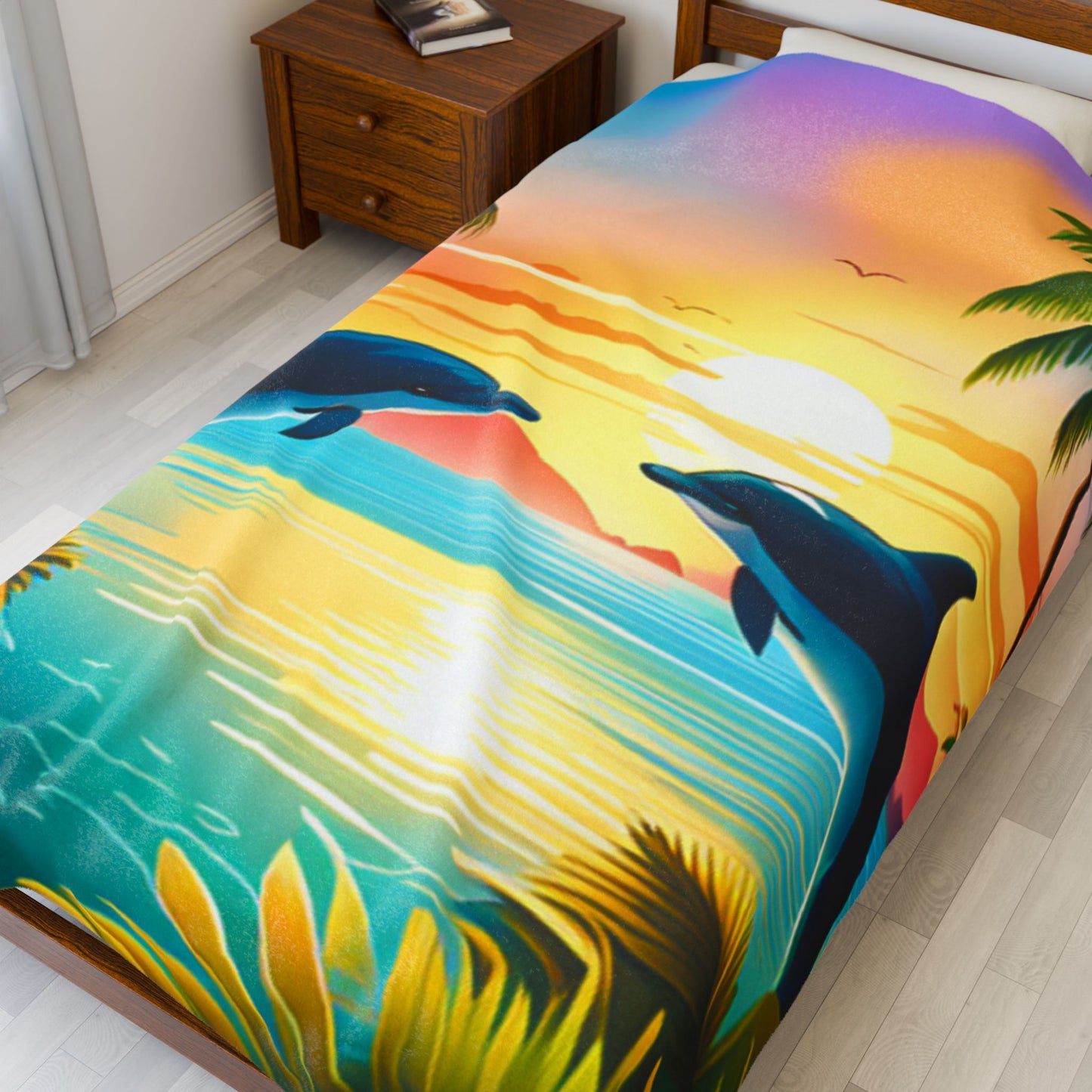 Velveteen Plush Blanket (Dolphin Palm Tree)