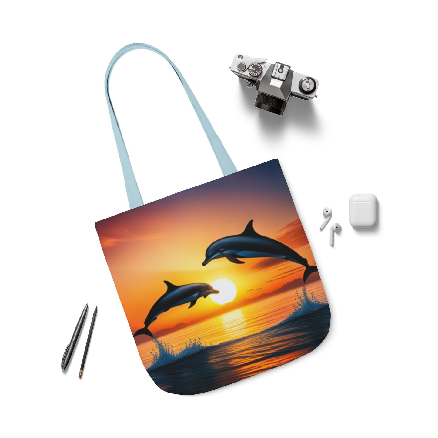 Canvas Tote Bag, 5-Color Straps (Dolphins sunset)