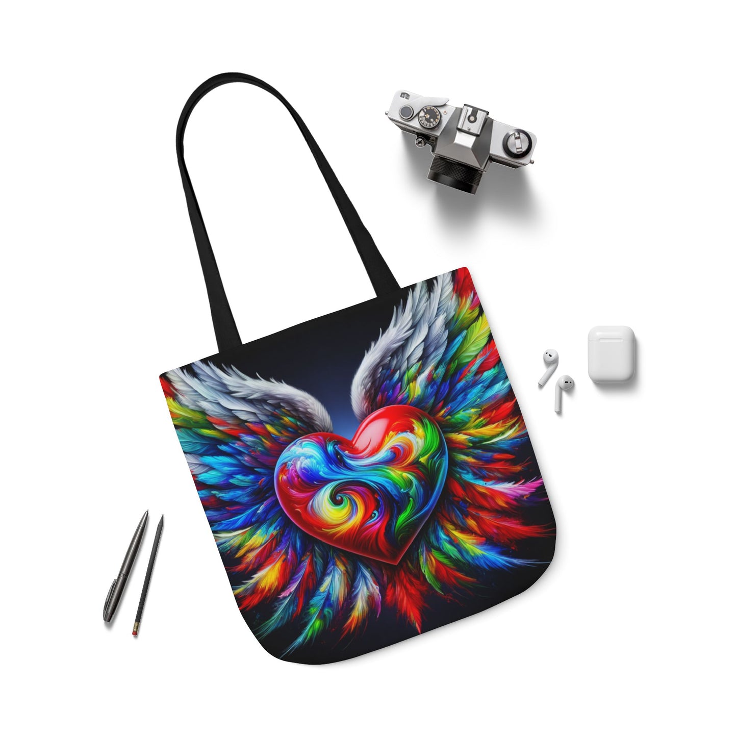 Colorful Heart Wings Canvas Tote Bag - Vibrant 5-Color Straps