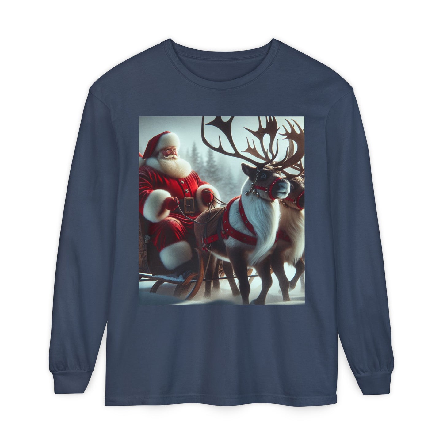 Unisex Garment-dyed Long Sleeve T-Shirt (Santa/Reindeer)