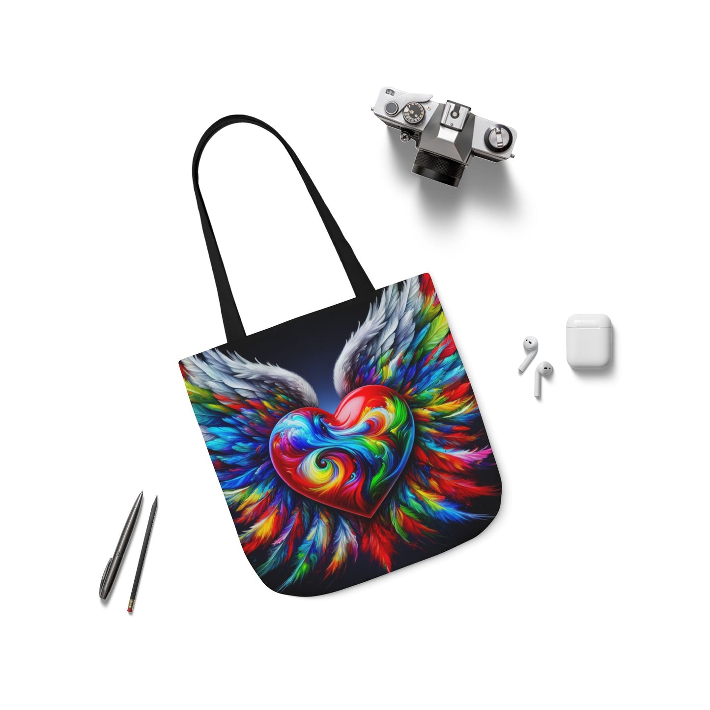 Colorful Heart Wings Canvas Tote Bag - Vibrant 5-Color Straps