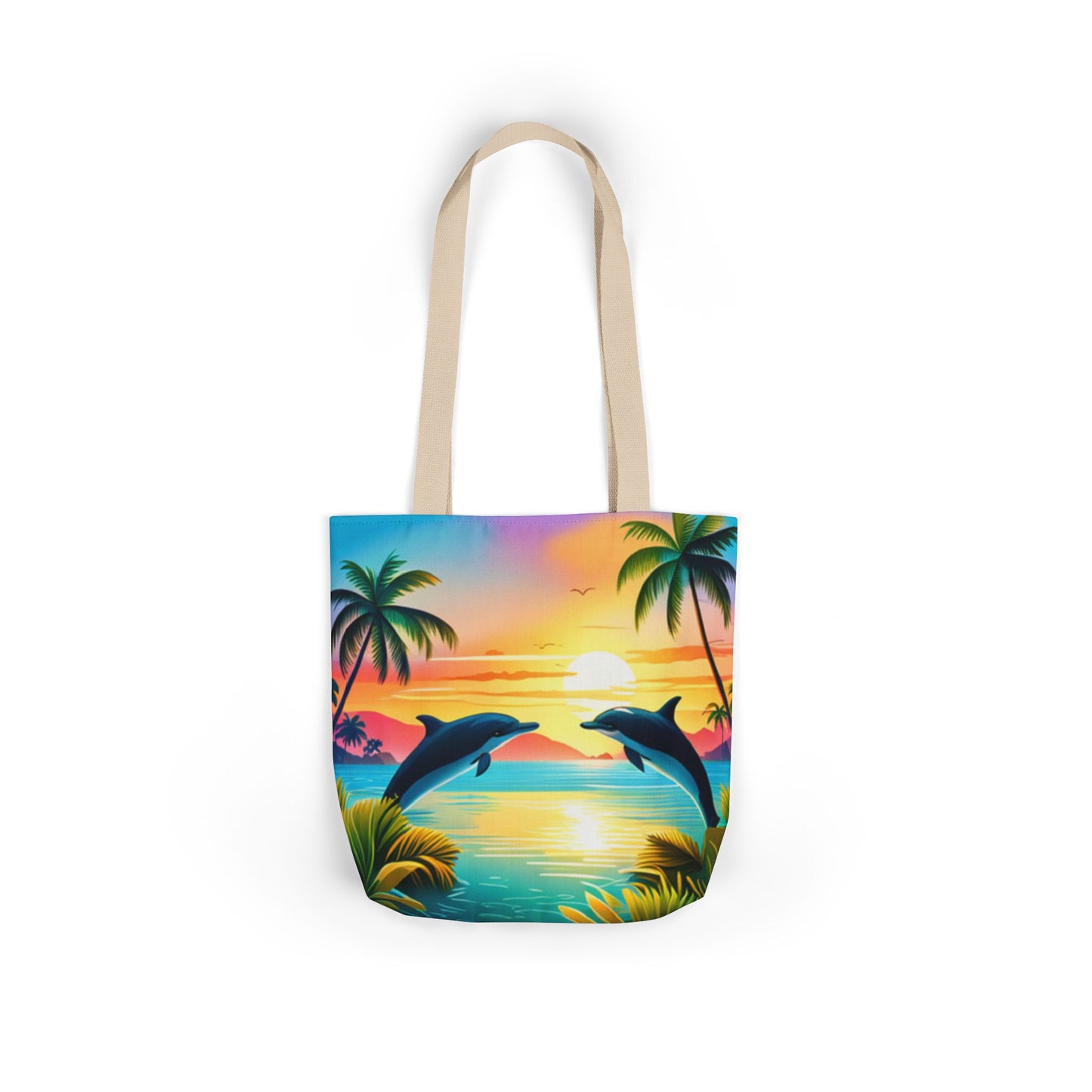 Canvas Tote Bag, 5-Color Straps (Dolphin/Palm Tree)