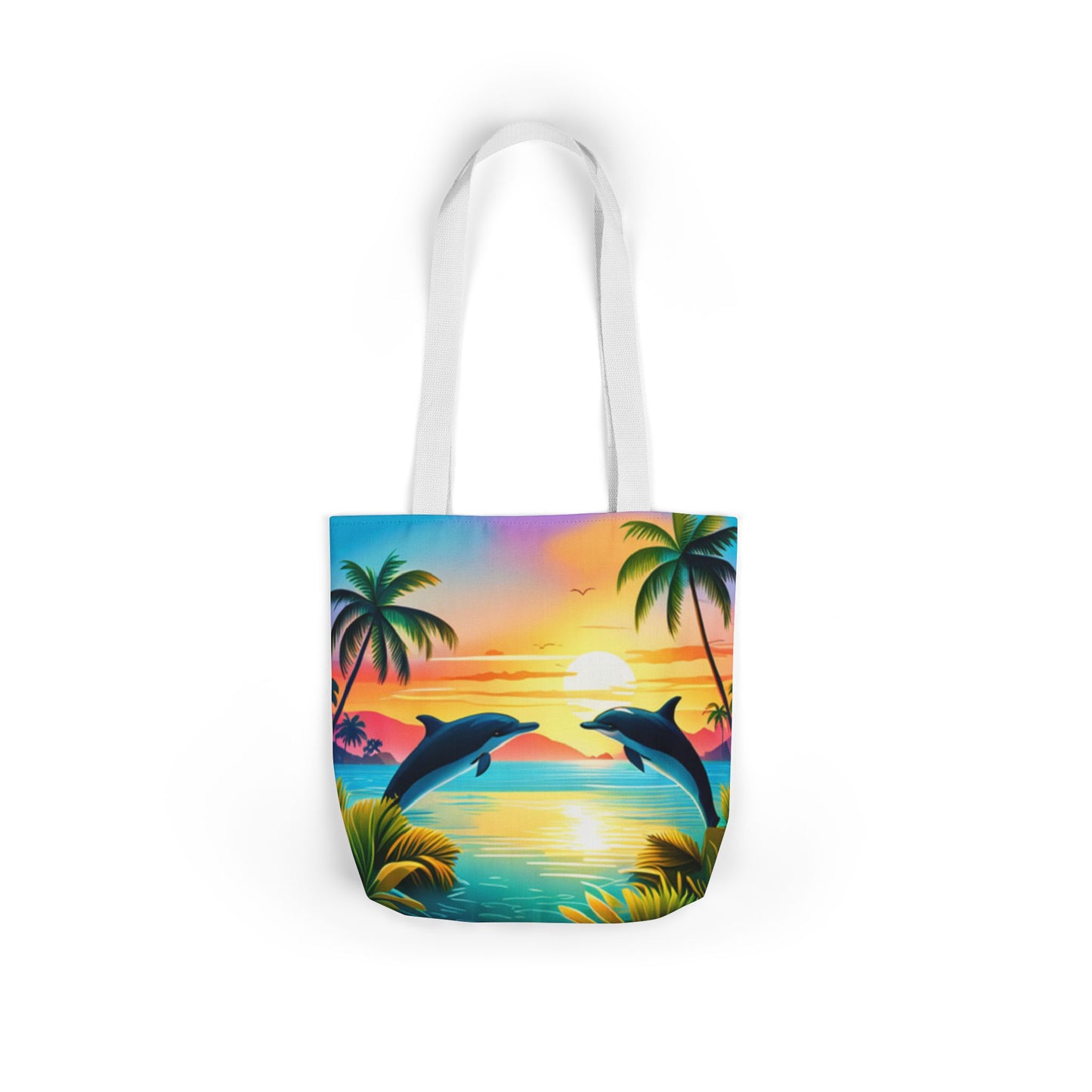Canvas Tote Bag, 5-Color Straps (Dolphin/Palm Tree)