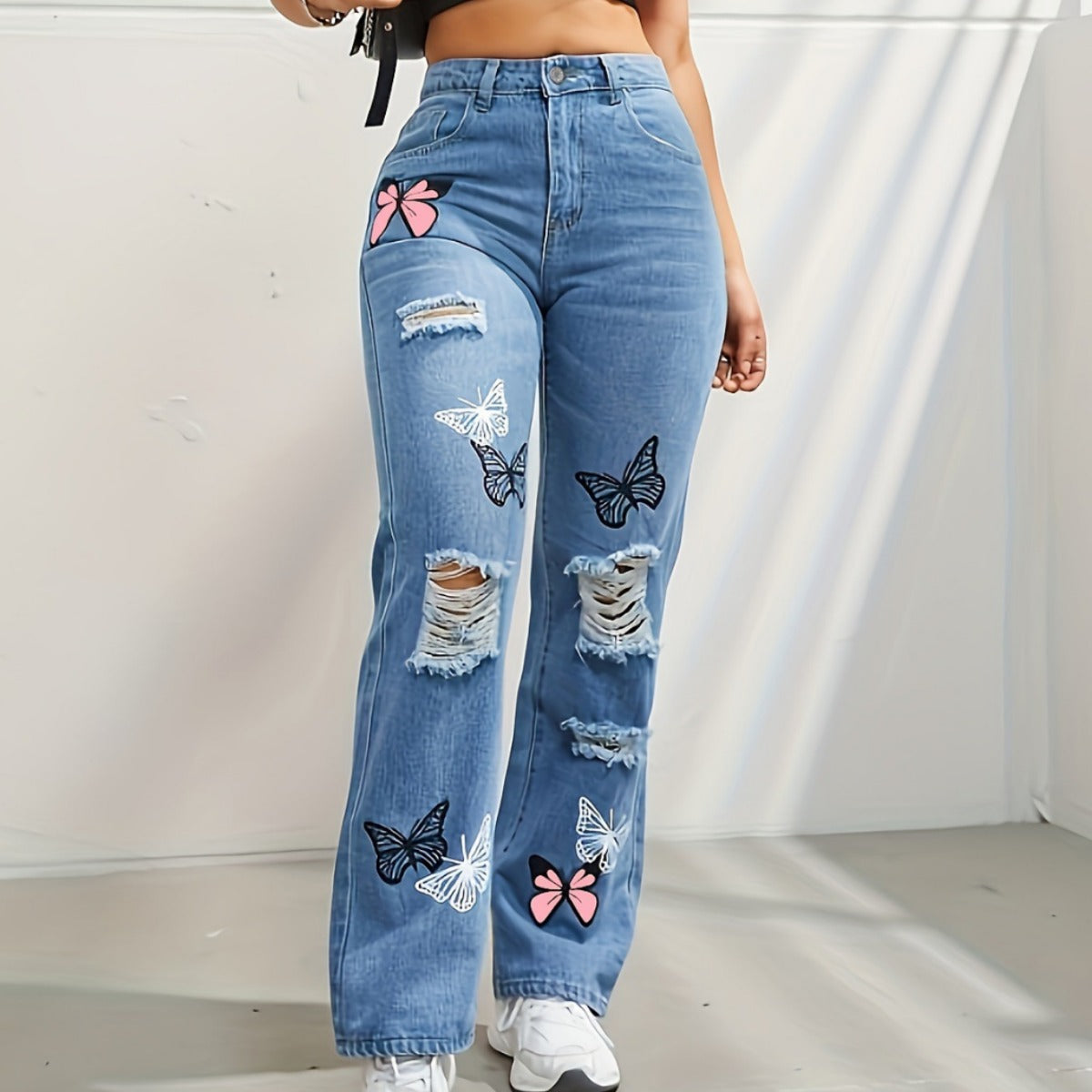 Butterfly Dream High-Waisted Distressed Jeans