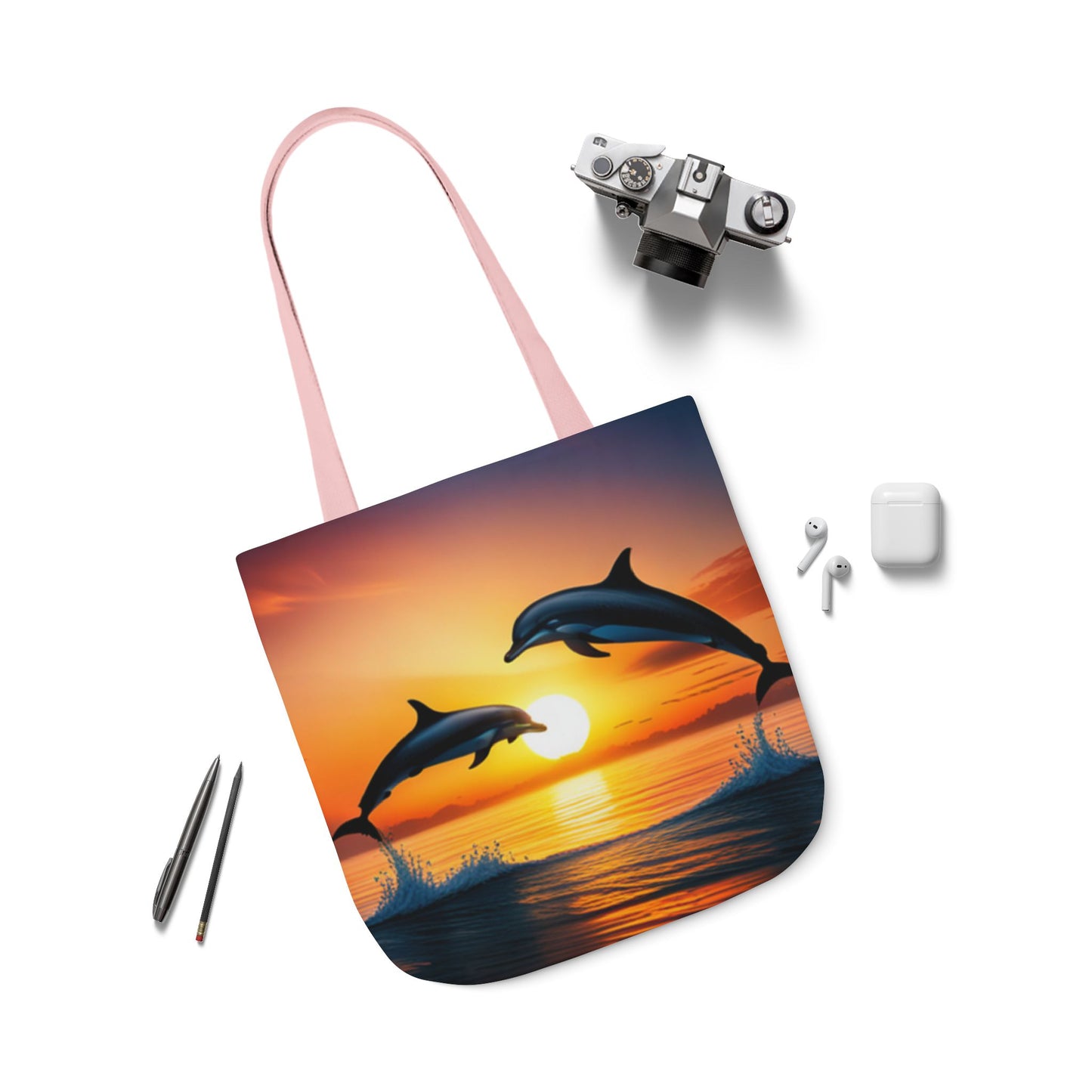 Canvas Tote Bag, 5-Color Straps (Dolphins sunset)