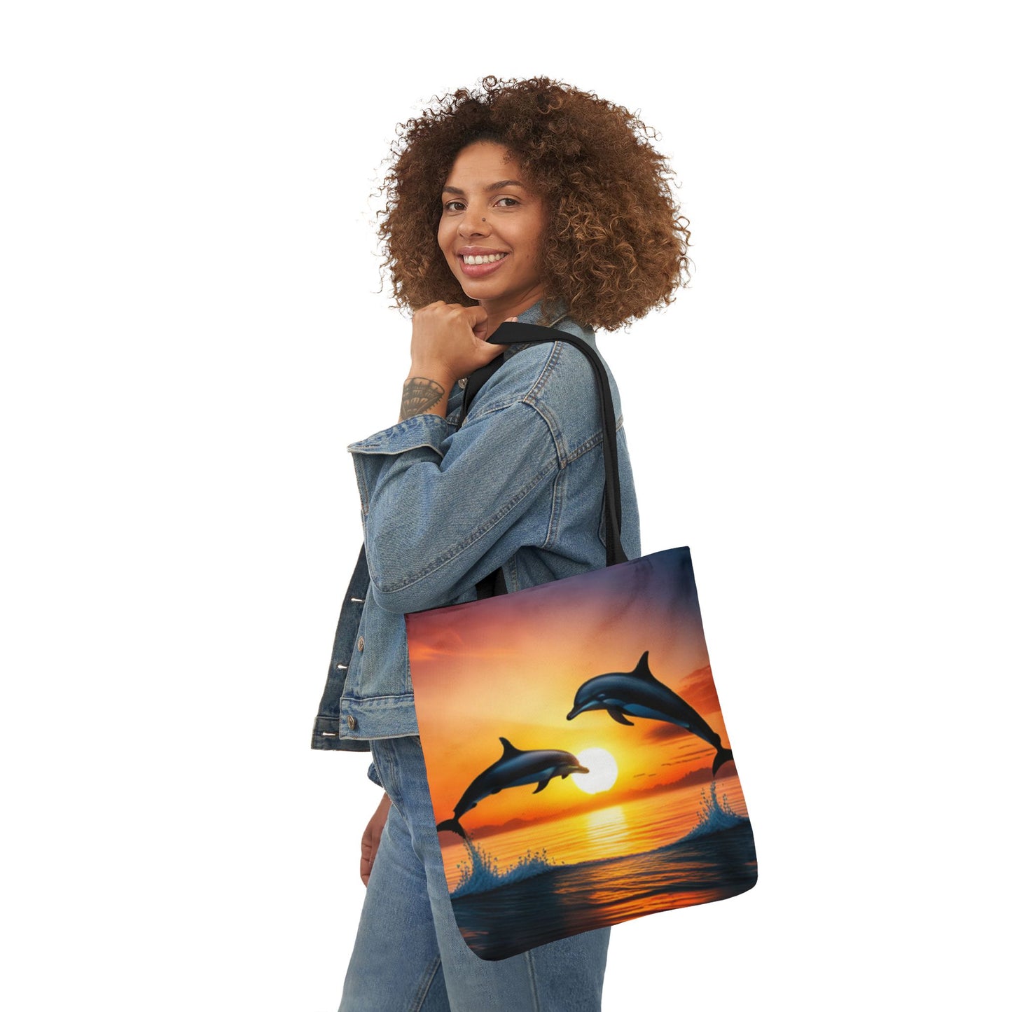 Canvas Tote Bag, 5-Color Straps (Dolphins sunset)