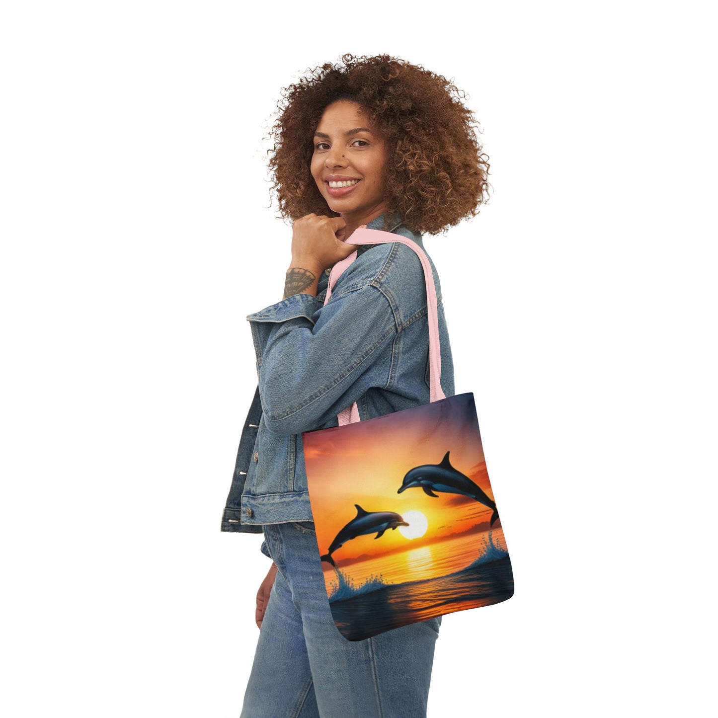 Canvas Tote Bag, 5-Color Straps (Dolphins sunset)