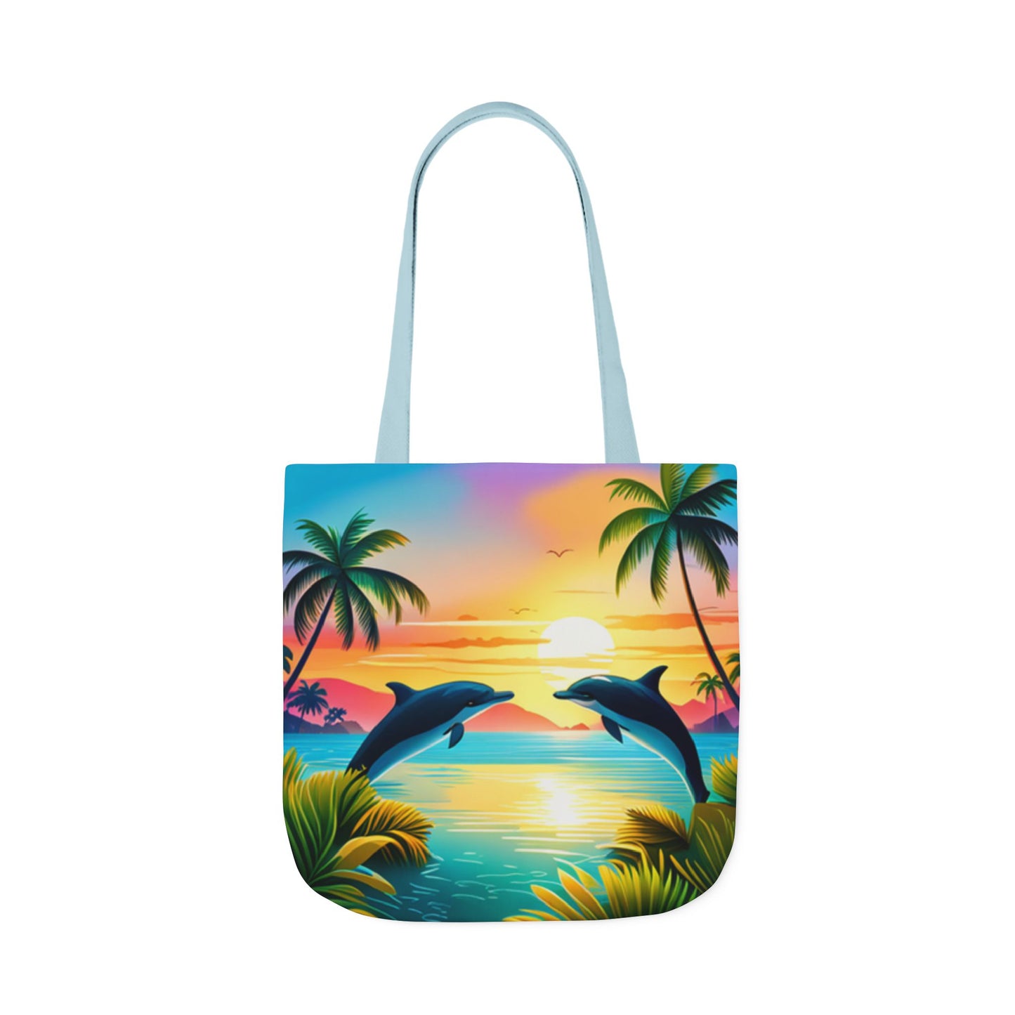 Canvas Tote Bag, 5-Color Straps (Dolphin/Palm Tree)