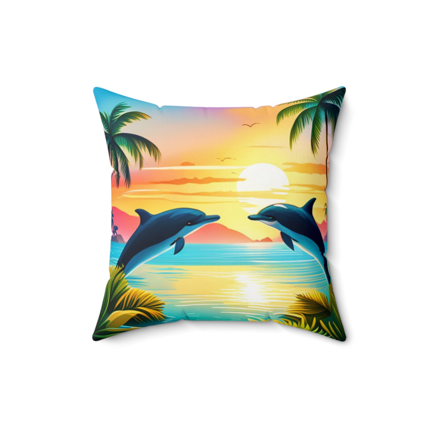 Spun Polyester Square Pillow (Dolphin Palm Tree)