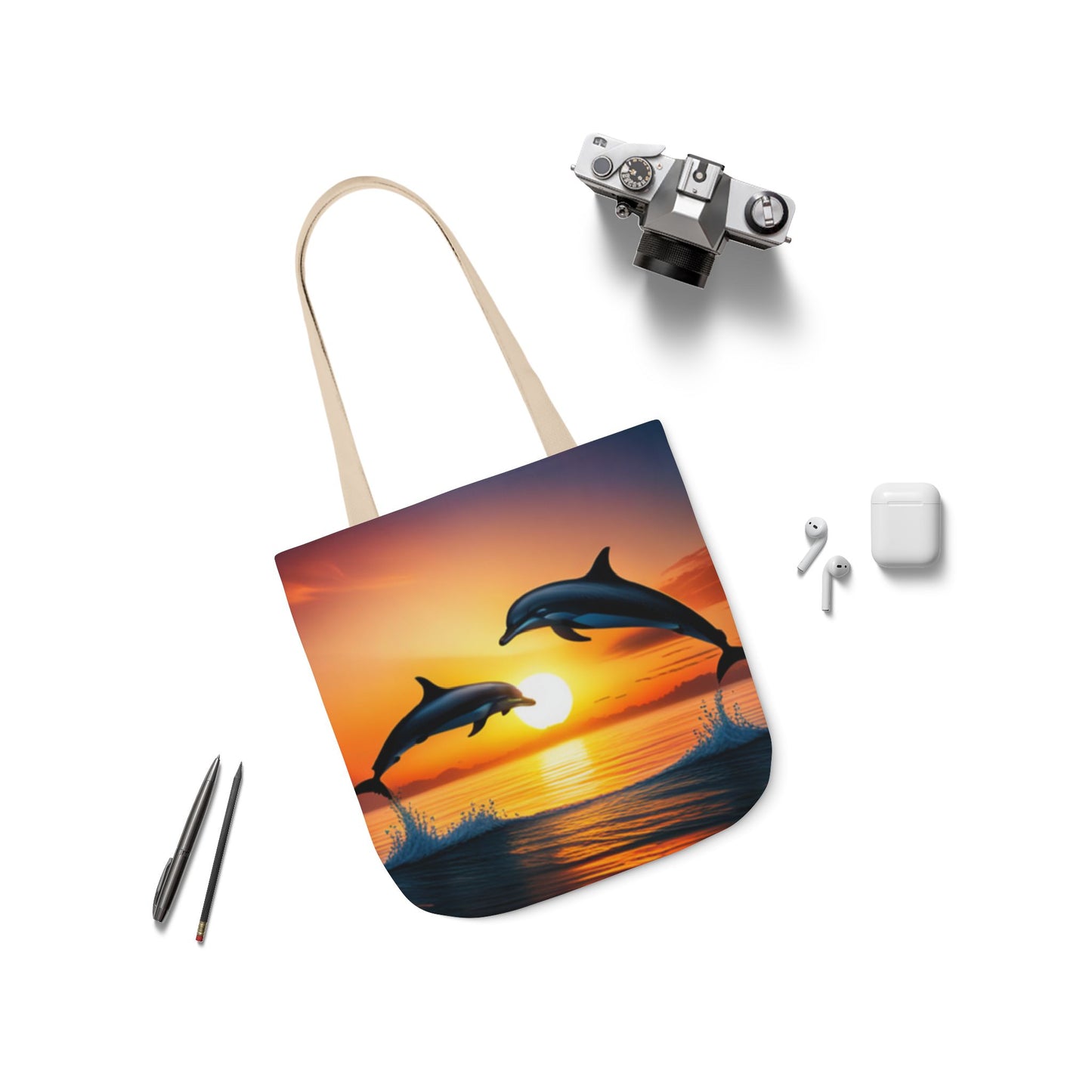 Canvas Tote Bag, 5-Color Straps (Dolphins sunset)
