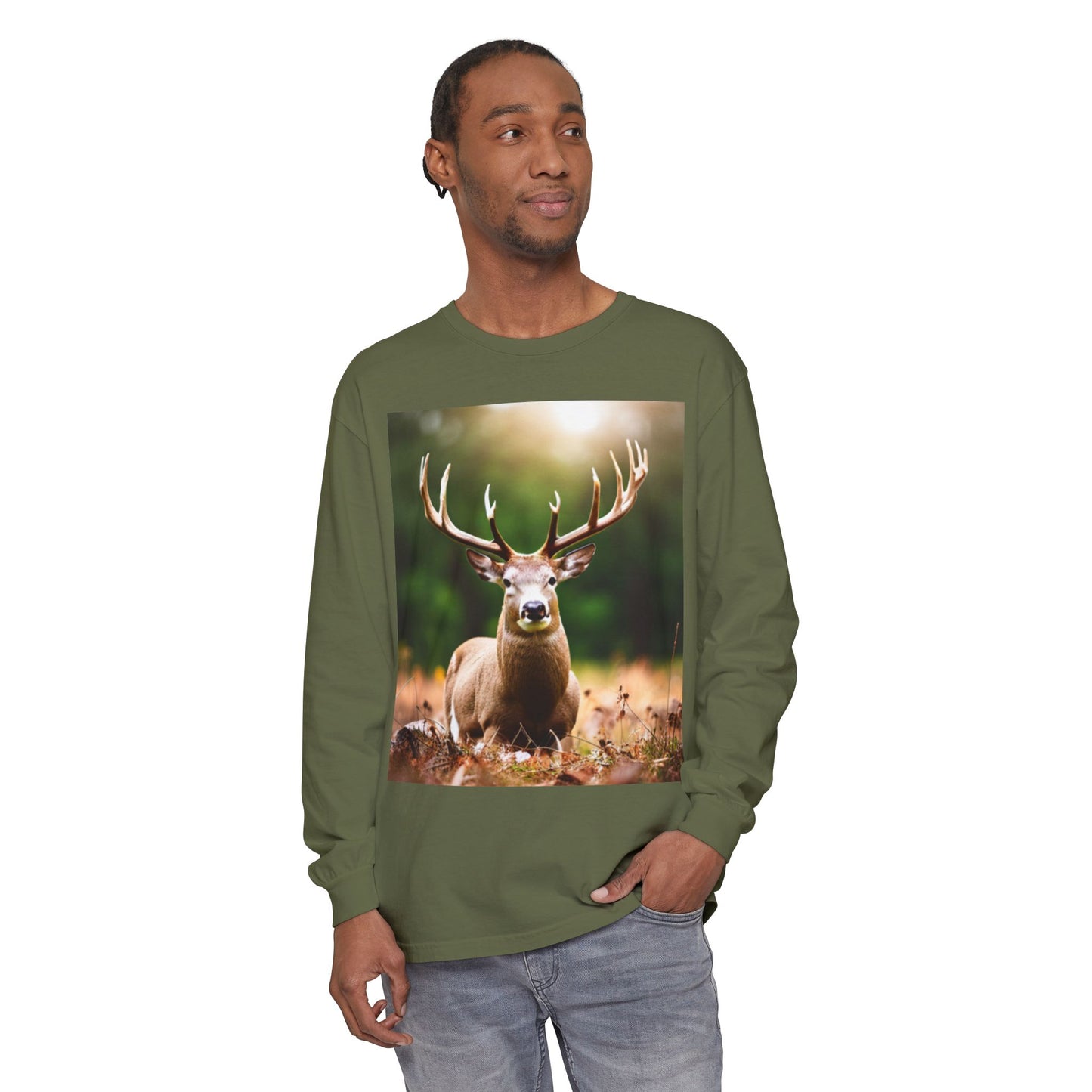 Unisex Garment-dyed Long Sleeve T-Shirt (Deer)