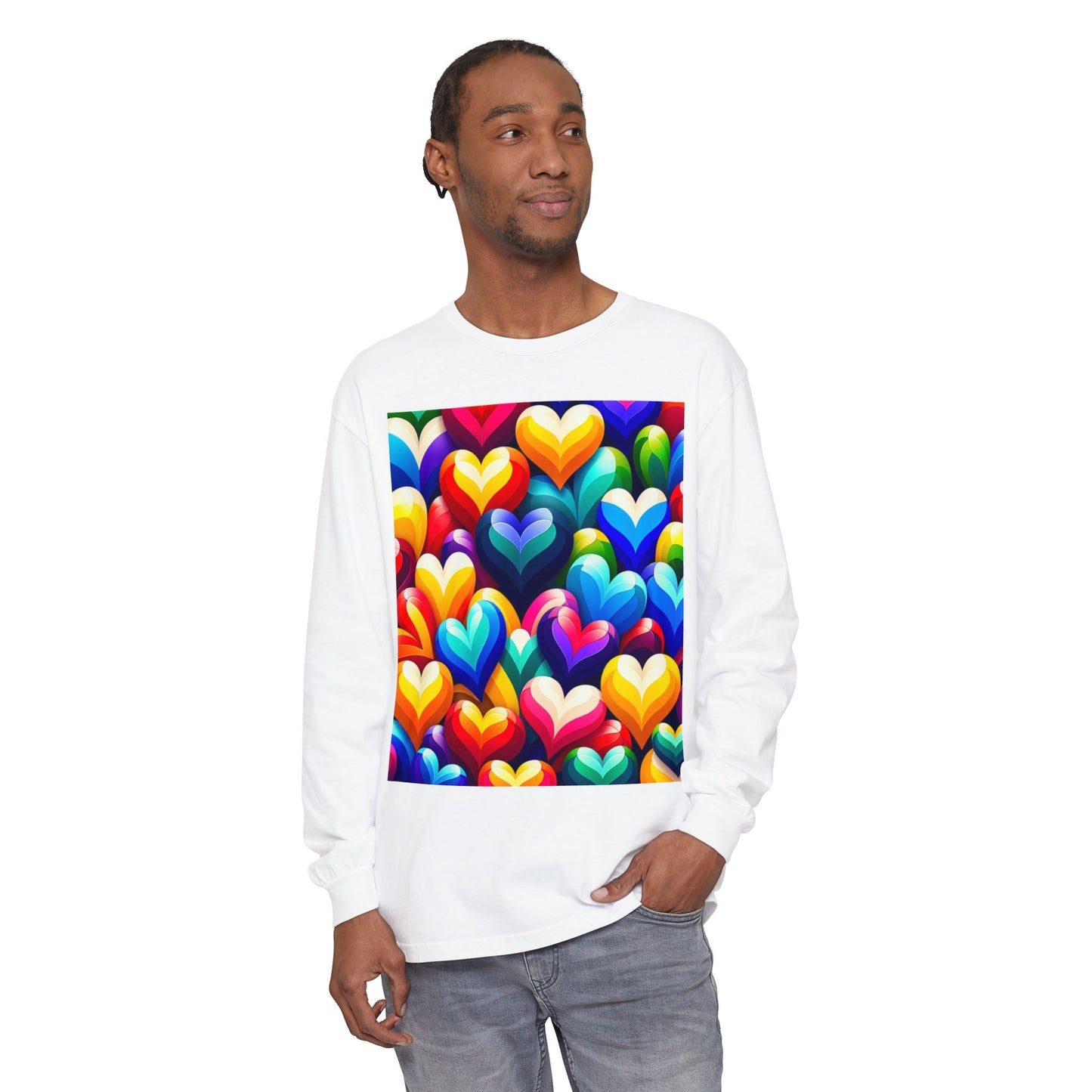 Unisex Garment-dyed Long Sleeve T-Shirt (Colorful Hearts)