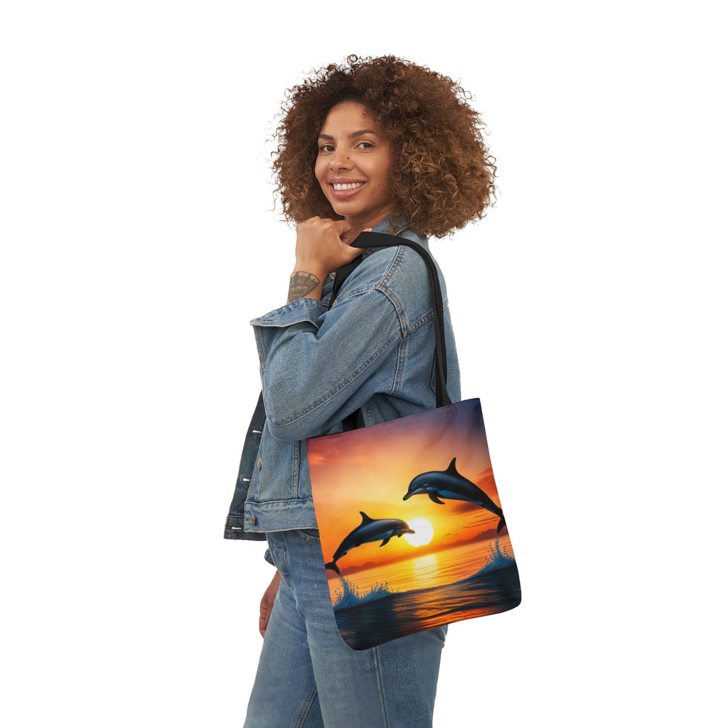 Canvas Tote Bag, 5-Color Straps (Dolphins sunset)