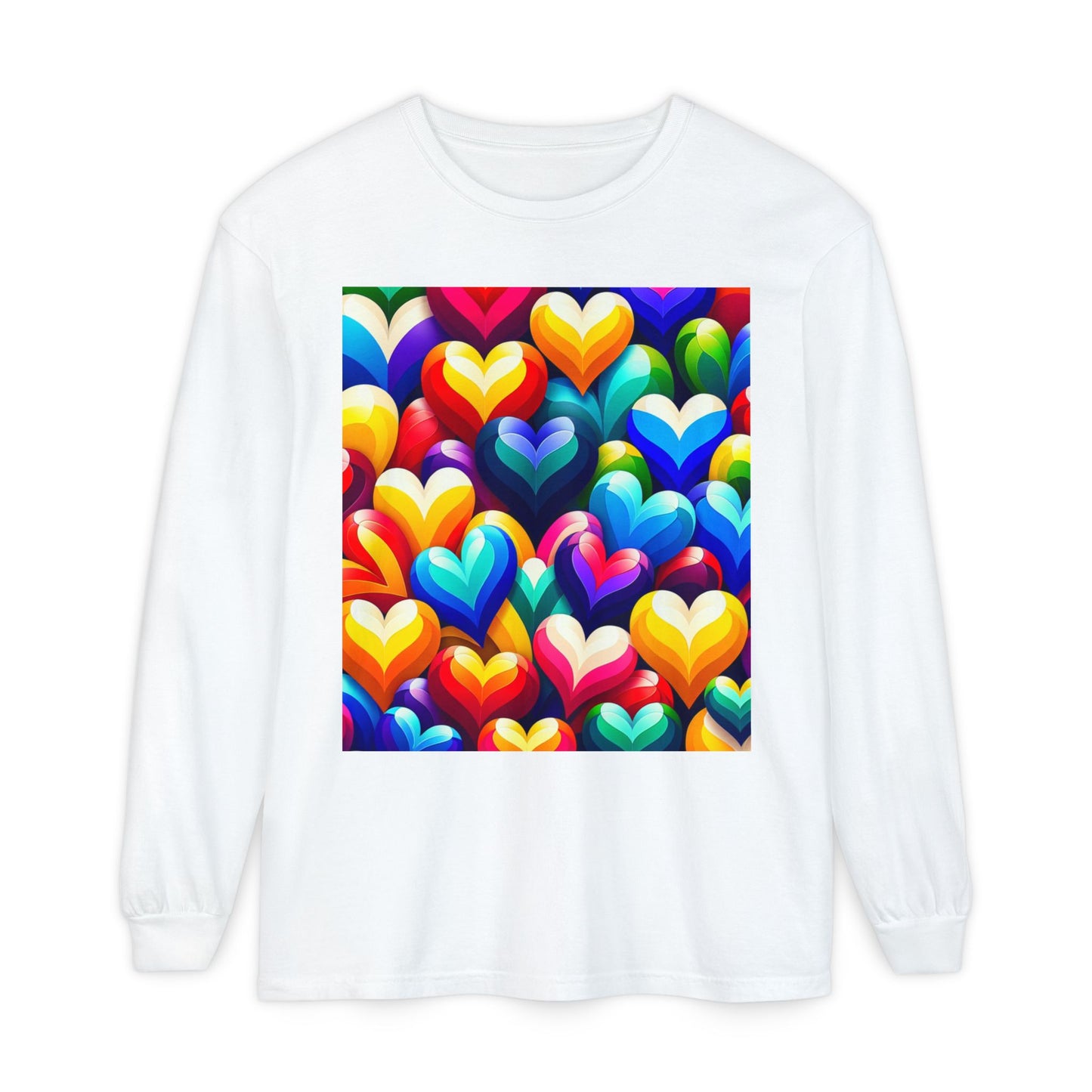 Unisex Garment-dyed Long Sleeve T-Shirt (Colorful Hearts)