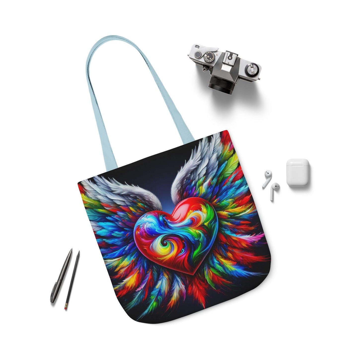 Colorful Heart Wings Canvas Tote Bag - Vibrant 5-Color Straps