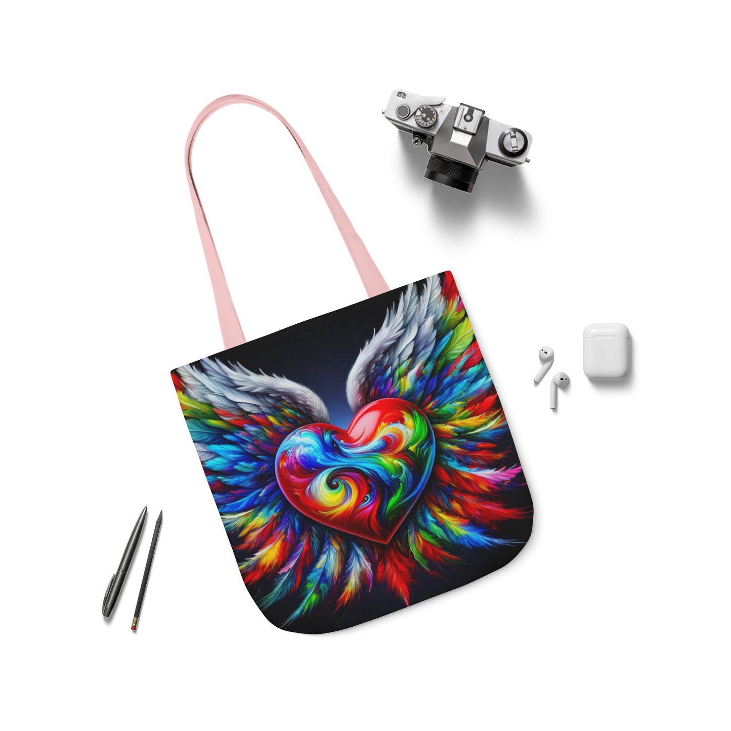 Colorful Heart Wings Canvas Tote Bag - Vibrant 5-Color Straps