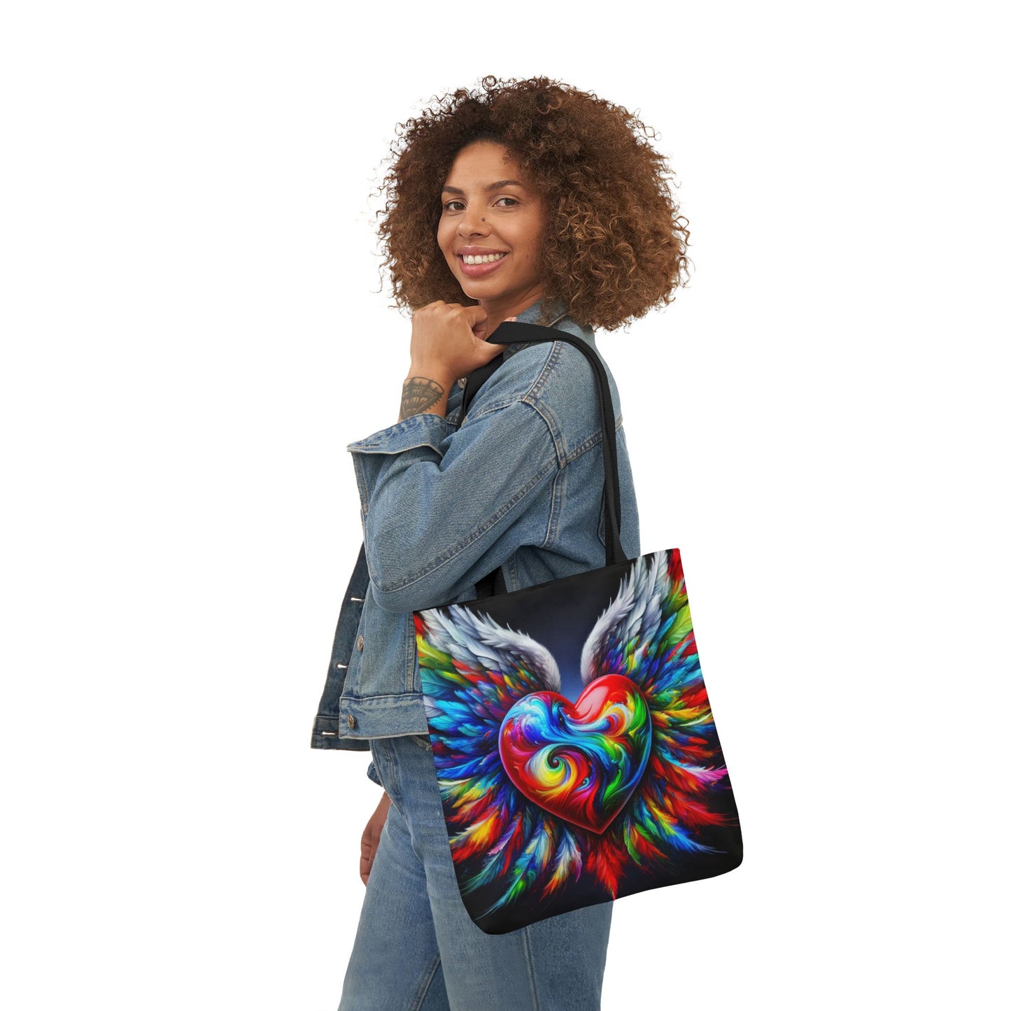 Colorful Heart Wings Canvas Tote Bag - Vibrant 5-Color Straps
