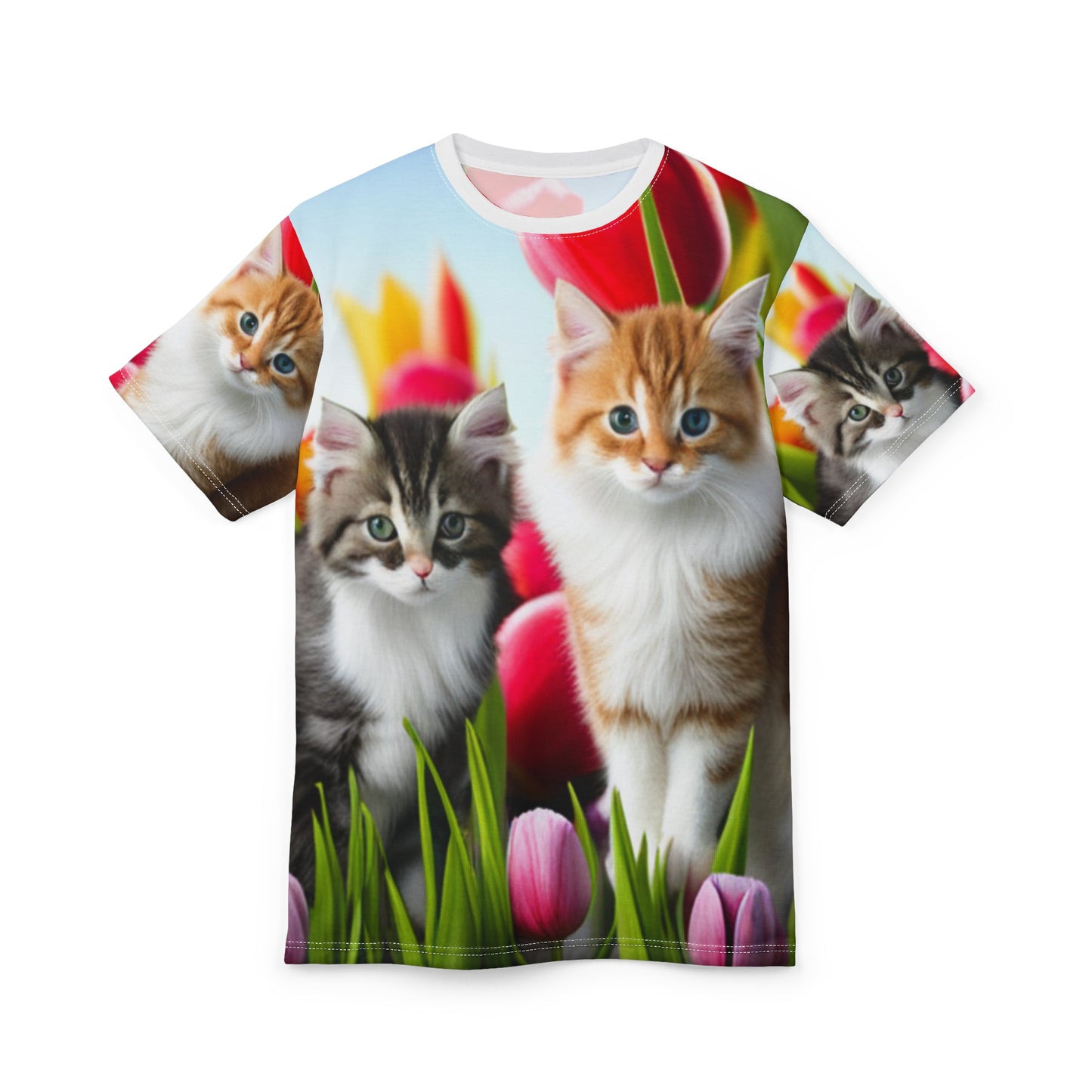 Unisex Cut & Sew Tee (AOP) (Kittens/Tulips)